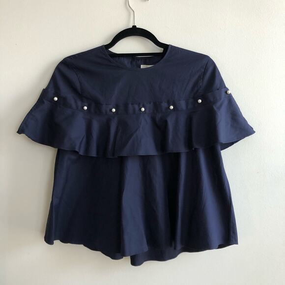 Jonathan Simkhai Navy Pearl Detail Ruffle Blouse - Picture 2 of 6